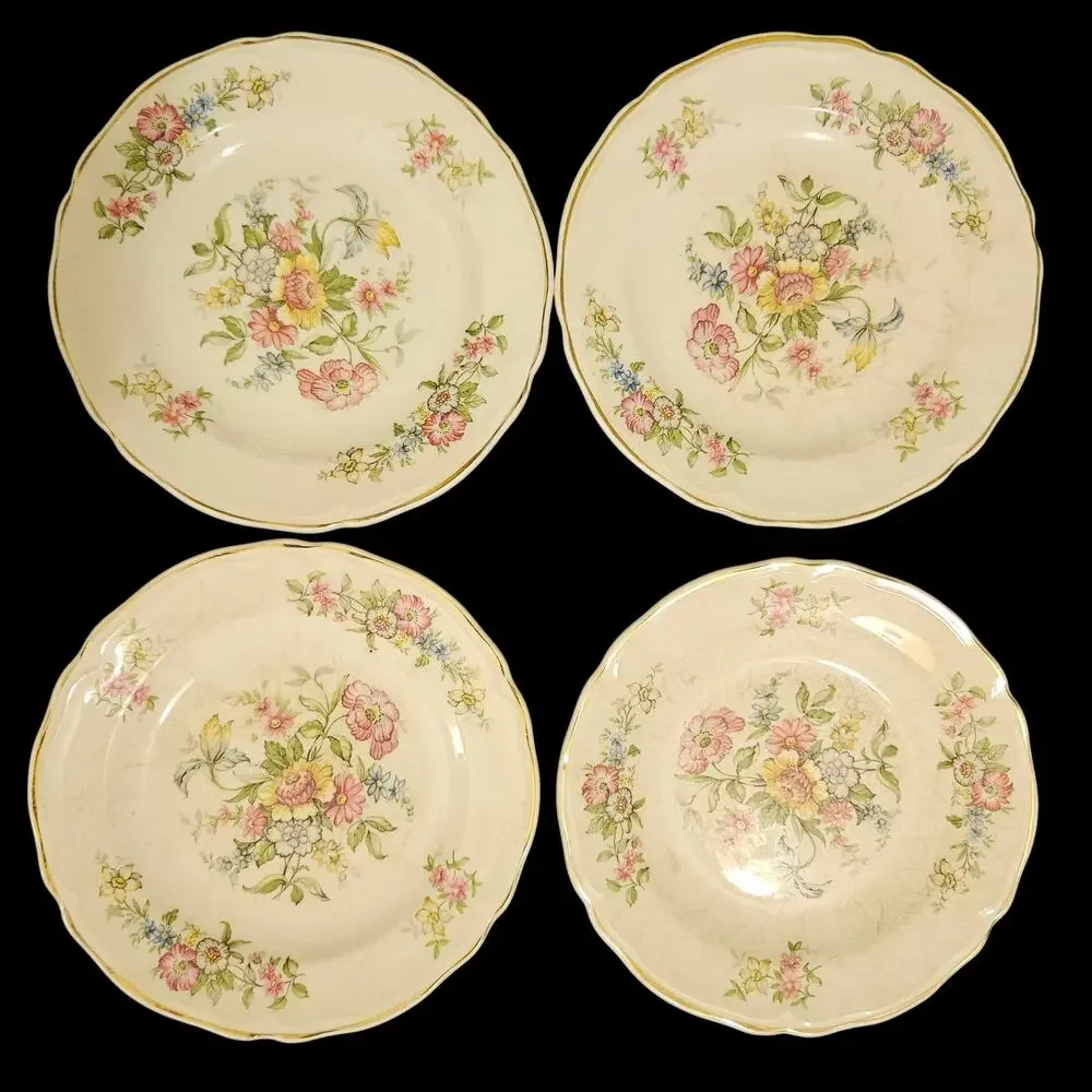 Edwin M Knowles Floral Dessert Plates Set of 4 Gold Trim Vintage 6.25 Inch